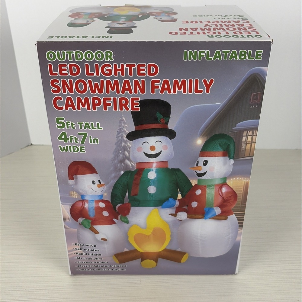Snowman Family Campfire Outdoor Christmas Inflatable 5' Tall Self Inflates LED